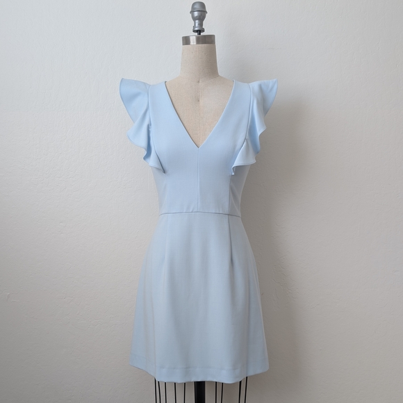 French Connection Whisper Cotton Candy 🍬Blue V Neck Ruffled Mini Dress Size 8 - Picture 1 of 14